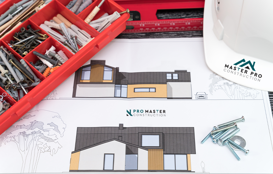 Blueprint and construction tools representing home exterior upgrades and planning