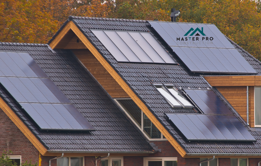 Modern energy-efficient roof with solar panels and eco-friendly materials